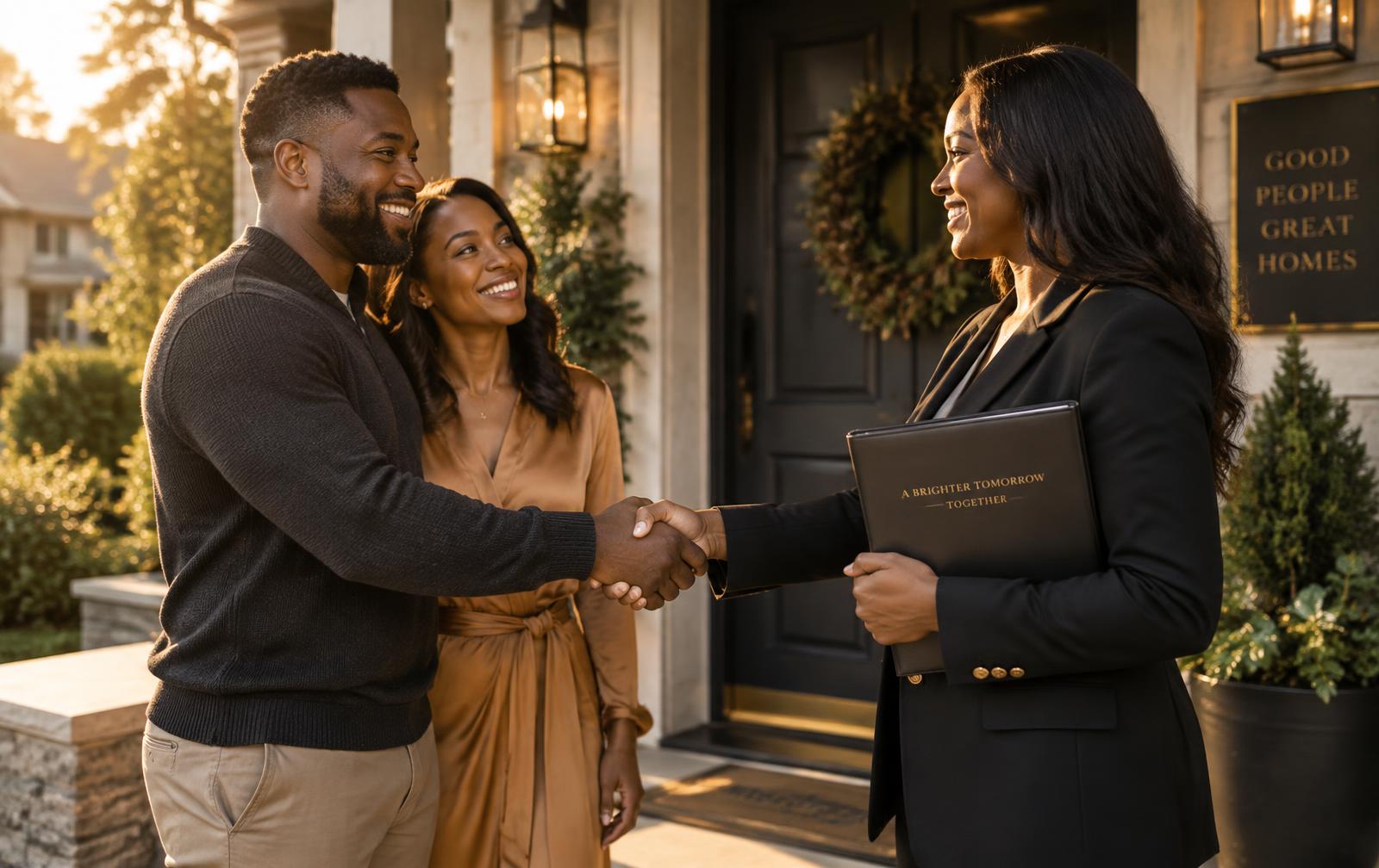 Homeowner couple meeting with a free homeowner advocate on their front porch